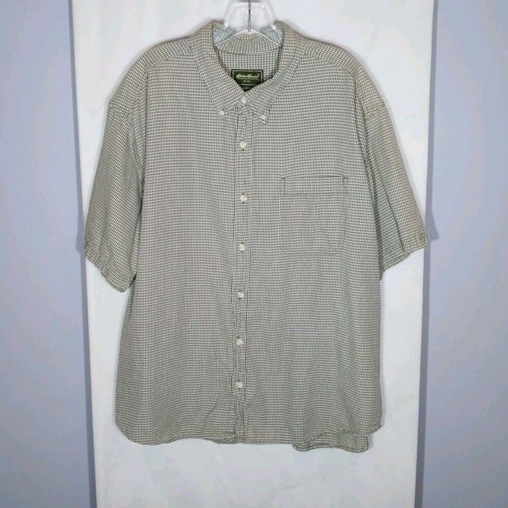Eddie Bauer XXL Green White Gingham Check Button Down Shirt Short Sleeve Cotton